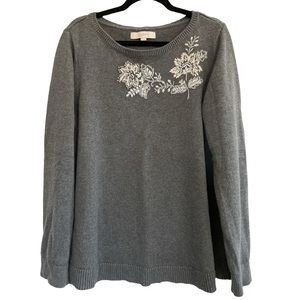 Loft Embroidered Grey Long Sleeve Cozy Sweater Size XL